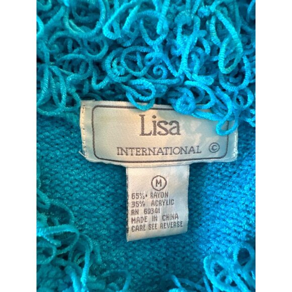 Lisa International Turquoise Chenille Button Cardigan Sweater Fringe Collar M - Picture 6 of 9